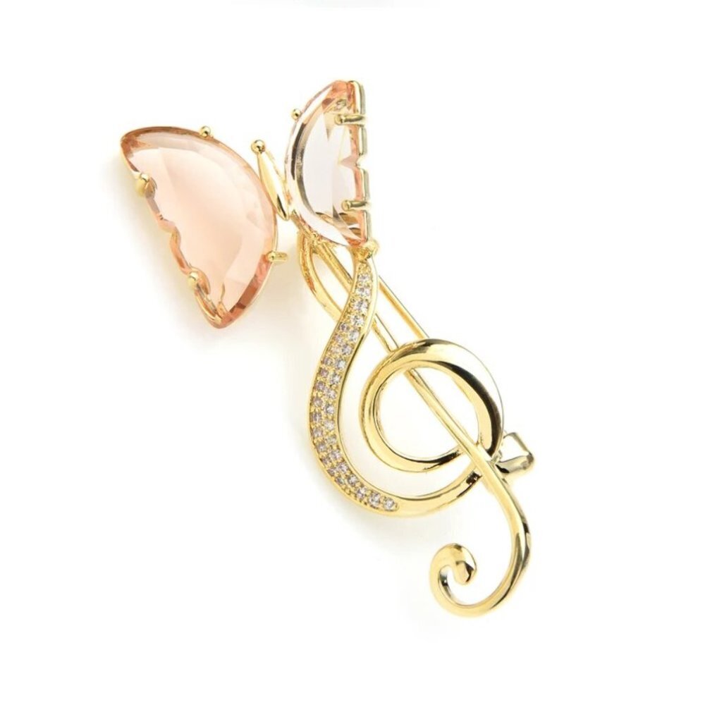 Jewelry pin brooch butterfly music note pink yellow gold tone sparkly elegant